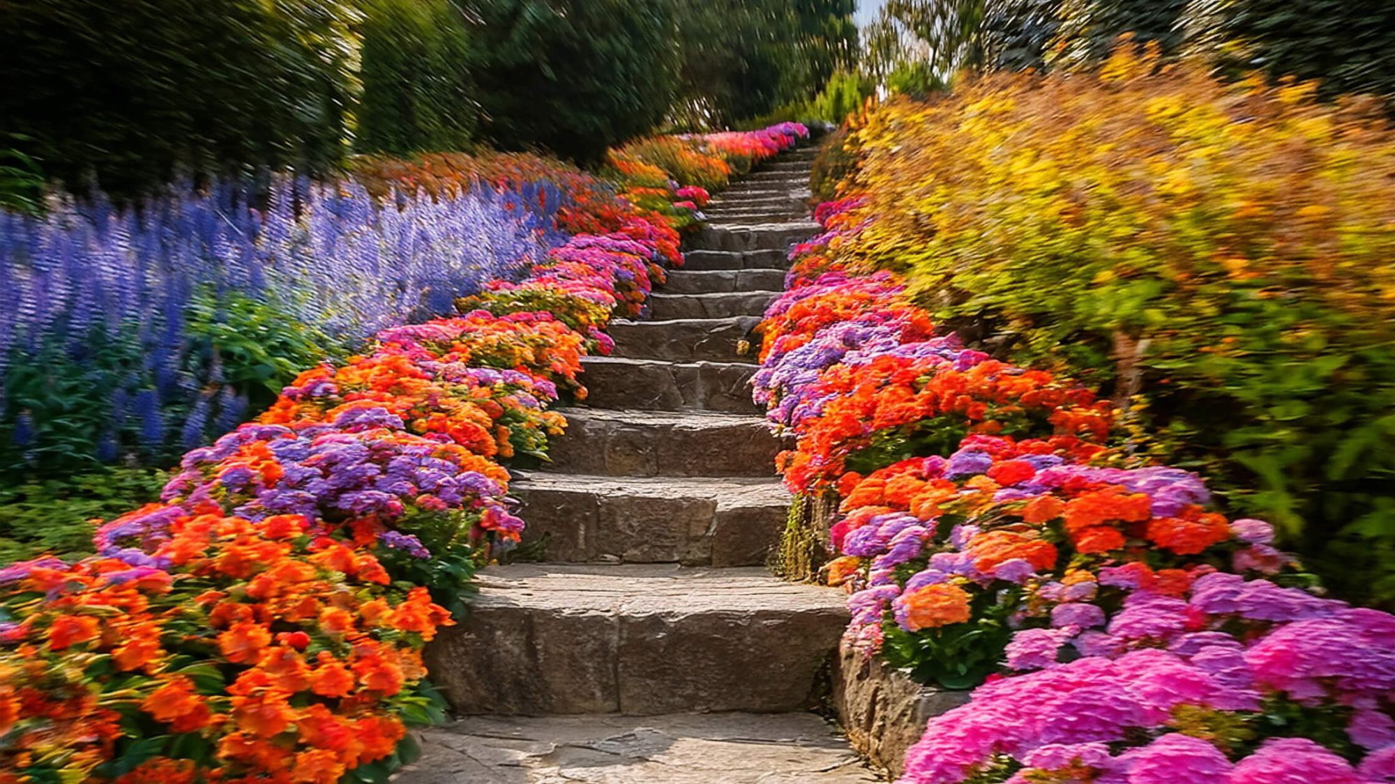 stone steps vibrant flowers